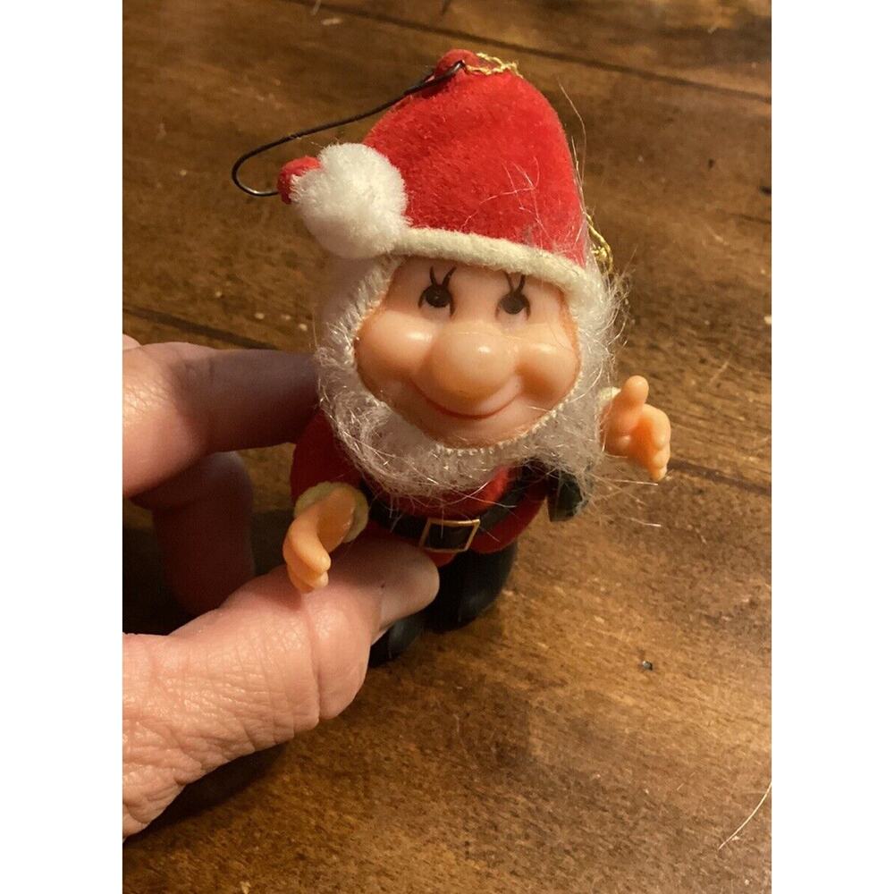 Vintage 1960's Christmas Plastic Felt Santa Dwarf Holding Wreath Ornament